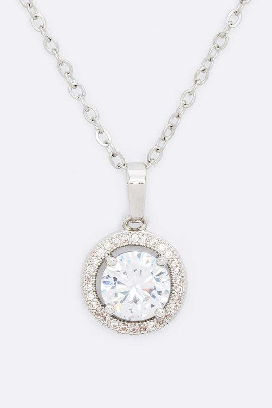 CZ Round Pendant Stainless Steel Necklace