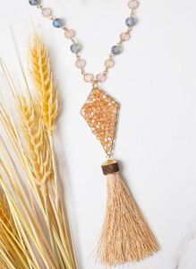 Iridescent Beaded Drop Necklace with Tassel