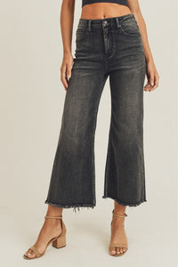 Plus High Rise Frayed Ankle Wide Leg Jeans