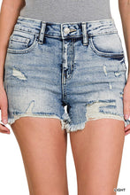Load image into Gallery viewer, Distressed Denim Shorts with Frayed Hem
