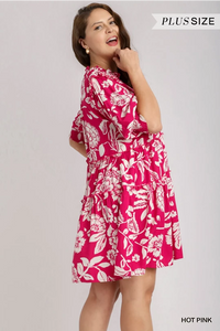 PLUS Tiered Floral Split Neck Dress with Short Smocked Sleeves