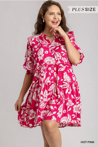 PLUS Tiered Floral Split Neck Dress with Short Smocked Sleeves