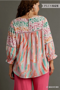 PLUS Mixed Print Top with 3/4 Sleeves and Lace Trim