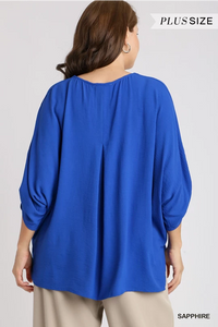 PLUS Solid V-Neck Boxy Top with Adjustable Button Sleeve