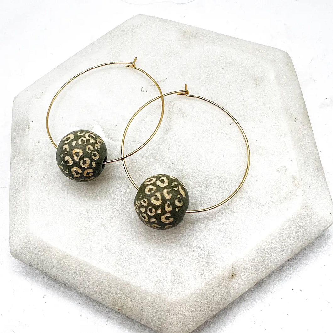 Olive Green Leopard Wood Hoop Bead Earrings