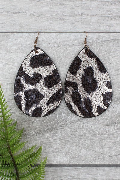 Faux Leather Silver Leopard Earrings