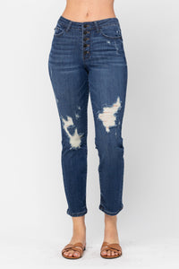 Judy Blue High Waisted Zig Zag Button Distressed Jeans