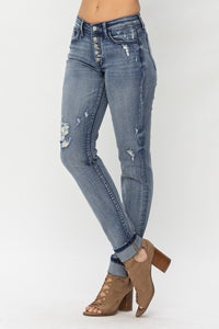 Judy Blue Mid Rise Button Fly Contrast Wash Boyfriend Jeans