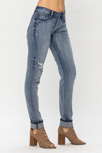 Judy Blue Mid Rise Button Fly Contrast Wash Boyfriend Jeans