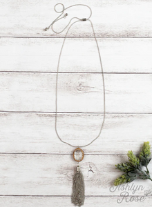Silver Tassel Necklace with Clear Stone