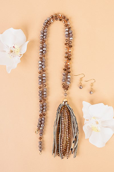 Brown Beaded Tassel Necklace with Matching Earrings