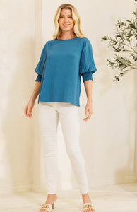 PLUS Round Neck Blouse with Pleated, Smocked Sleeves