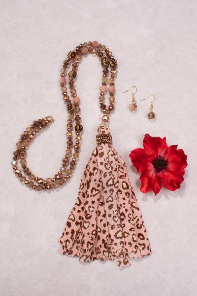 Pink Leopard Tassel Necklace With Matching Earrings