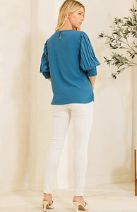 PLUS Round Neck Blouse with Pleated, Smocked Sleeves