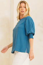 Load image into Gallery viewer, PLUS Round Neck Blouse with Pleated, Smocked Sleeves
