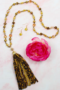 Mustard Leopard Beaded Necklace with Matching Earrings