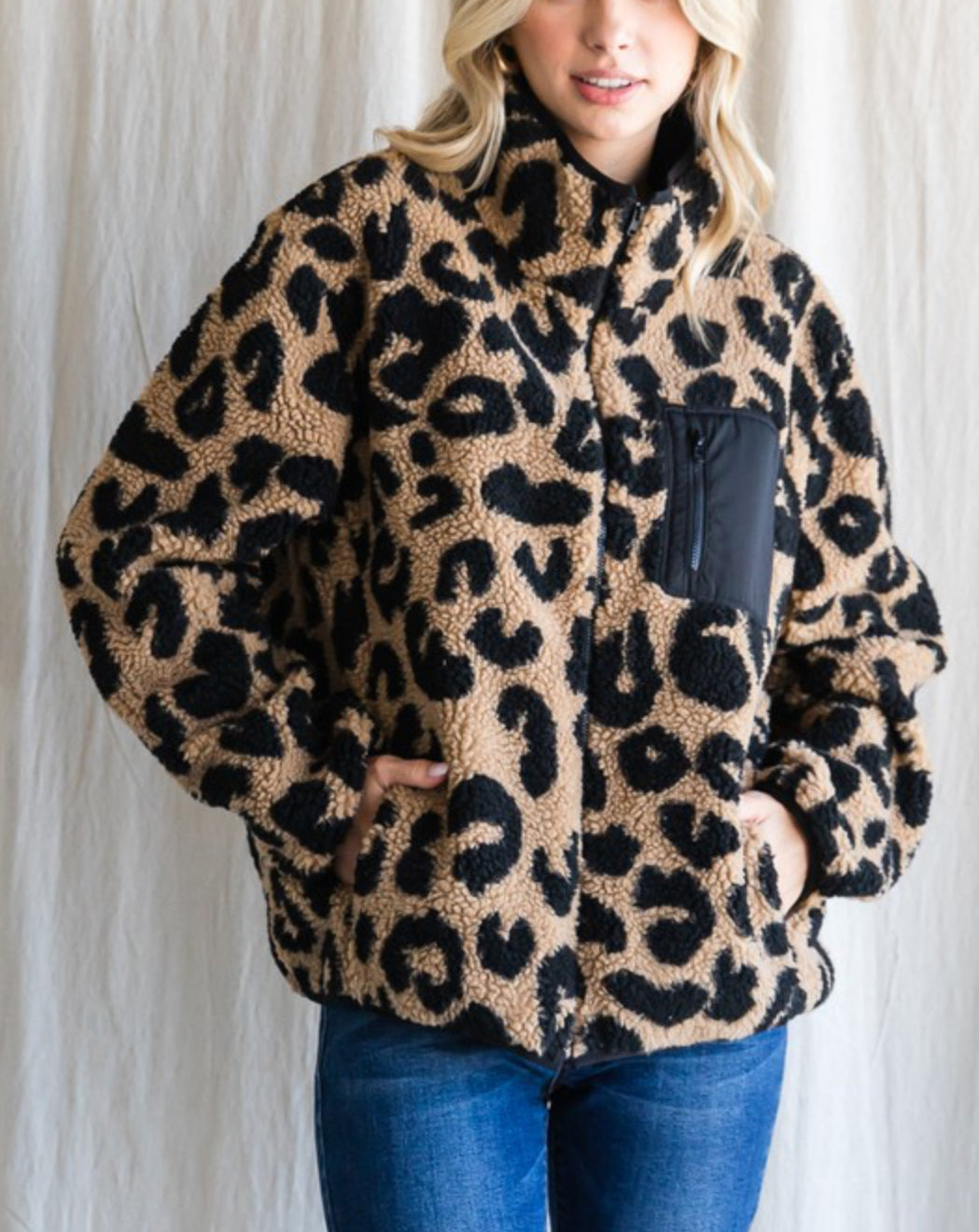 Leopard Print Mock Neck Fleece Jacket