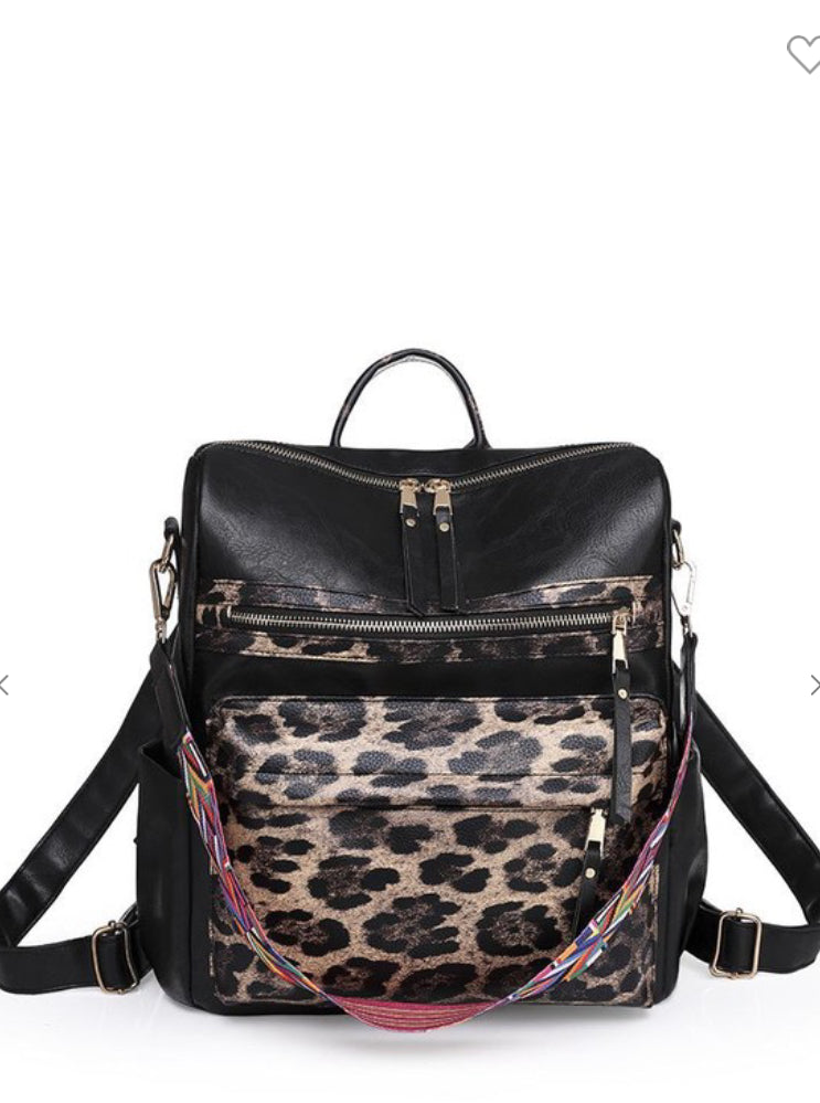 Black Backpack Purse With Leopard Pockets