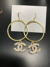 Load image into Gallery viewer, Gold Hoops with Pave CC Charm
