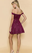 Load image into Gallery viewer, Burgundy Glitter Off Shoulder Mini Dress
