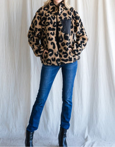 Leopard Print Mock Neck Fleece Jacket