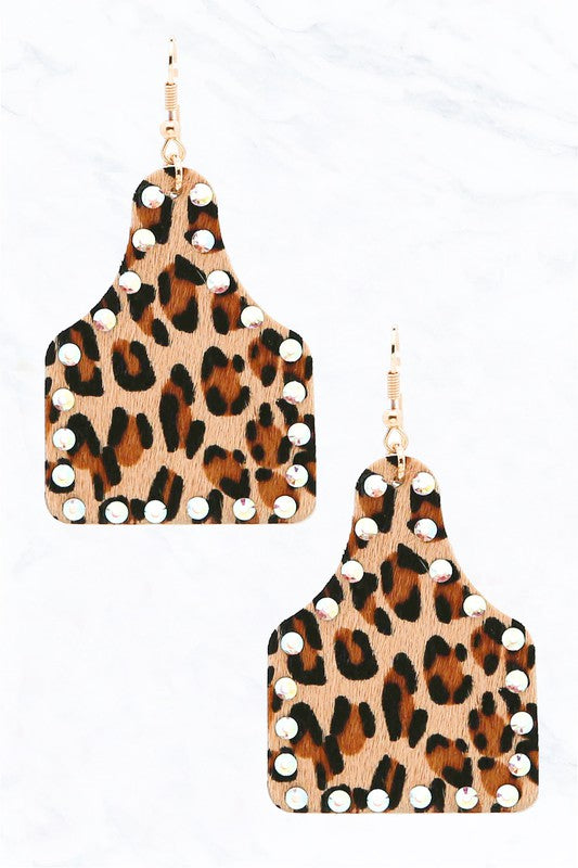 Leopard Rhinestone Leather Tag Earrings