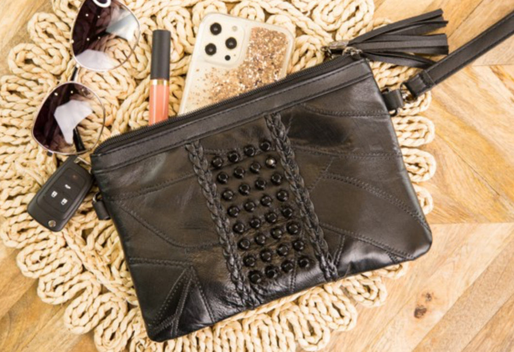 Leather Black Purse With Stud Clutch