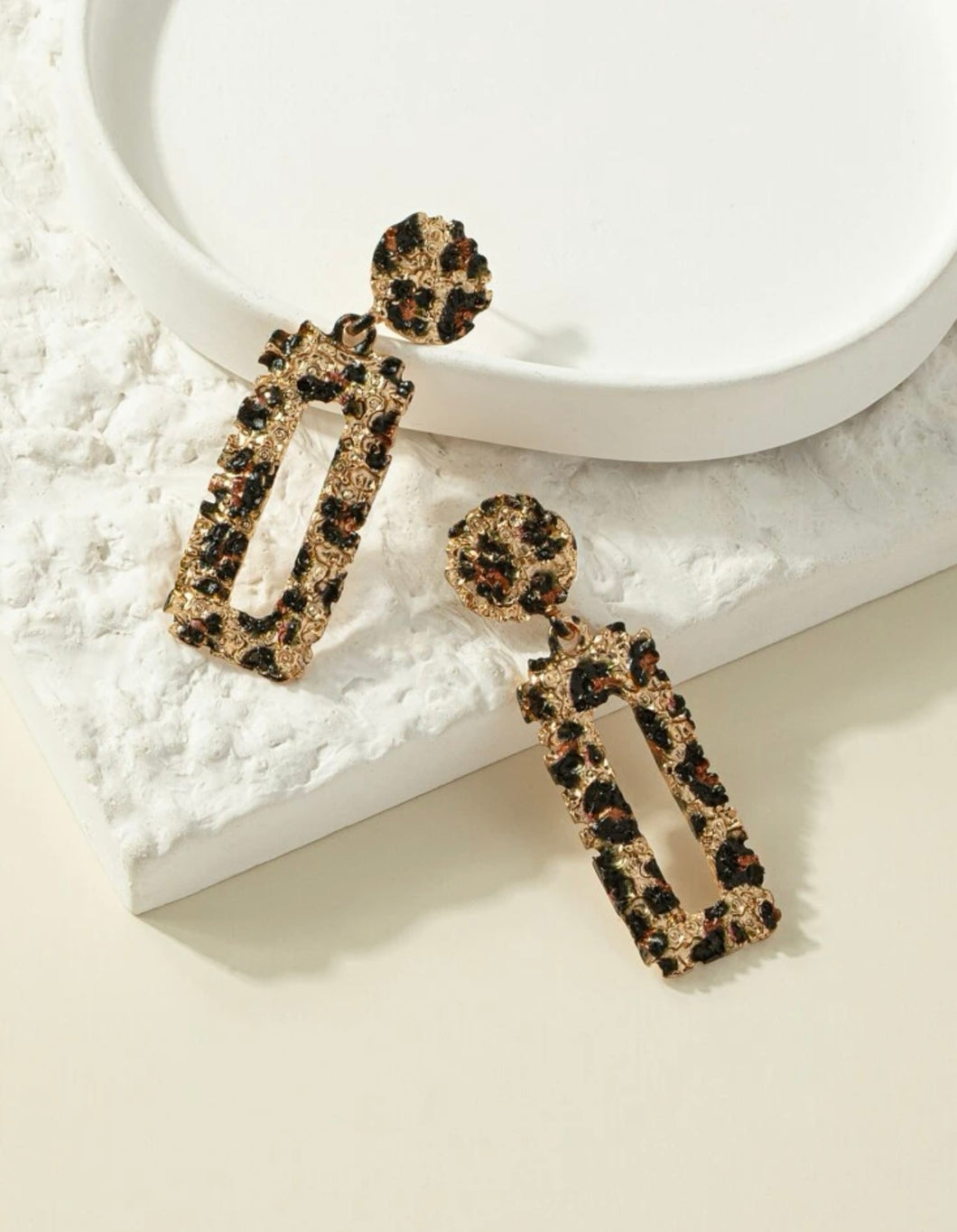 Gold and Leopard Textured Rectangular Earring