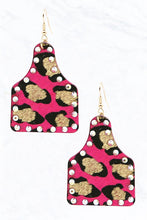 Load image into Gallery viewer, Leopard Rhinestone Leather Tag Earrings
